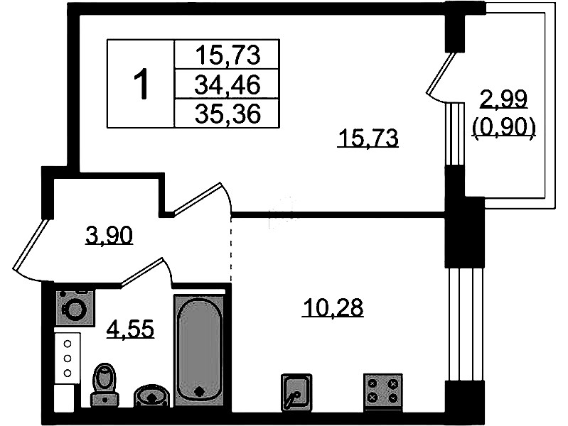 1-комнатная квартира 35.36 м², 4/5 эт., ЖК «Plus Пулковский»